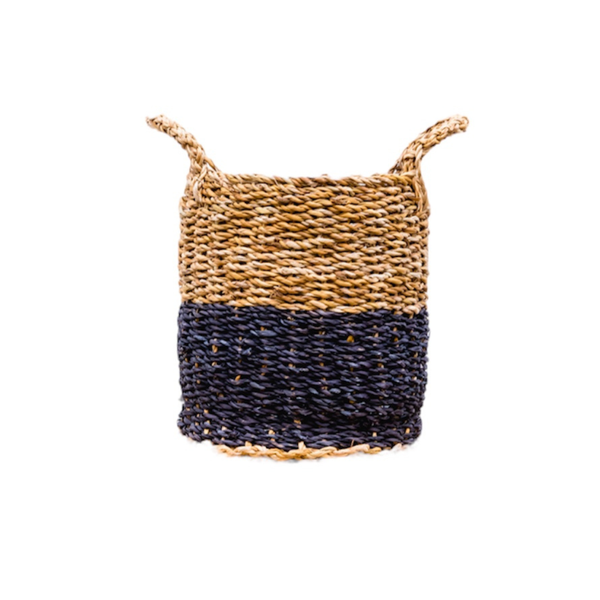 Two-tone woven basket with natural upper half and dark navy lower half, small tote with short handles