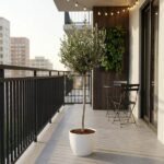 Potted olive tree on a modern city balcony with string lights and a small table and chairs.