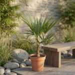 Potted palm plant on a wooden deck with stones and greenery in the background.