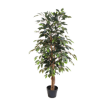 Tall artificial ficus tree in a black pot with lush green leaves, indoor decor
