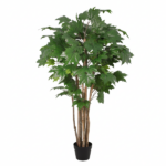 Artificial maple-looking tree in a black pot with multiple brown trunks and dense green leaves.