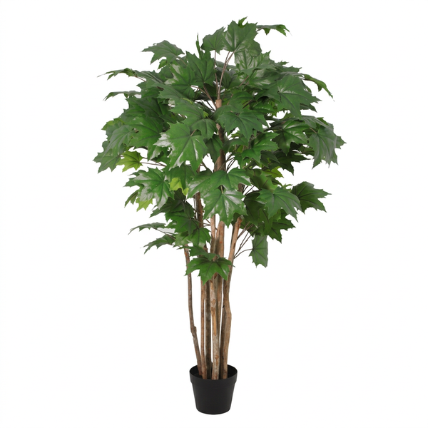 Artificial maple-looking tree in a black pot with multiple brown trunks and dense green leaves.