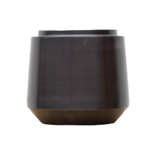 Dark ceramic planter with a matte glaze and brown base, shown from the side.