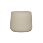 Beige ceramic planter with a smooth, rounded cylindrical shape and a slightly wider top edge.