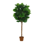 Artificial fiddle-leaf fig tree in a terracotta pot with a tall trunk and dense dark-green leaves.