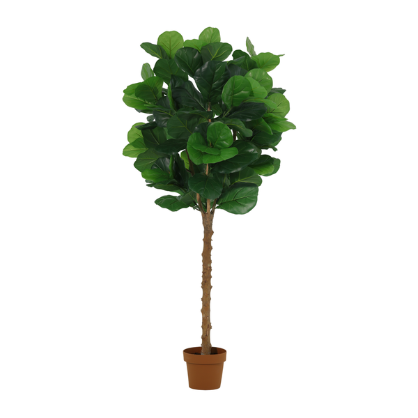 Artificial fiddle-leaf fig tree in a terracotta pot with a tall trunk and dense dark-green leaves.