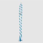 Blue and white striped twisted candle standing upright against a light gray background.
