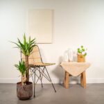 Minimalist room corner with a tall potted plant, woven chair, and a small table with vases on a beige cloth.