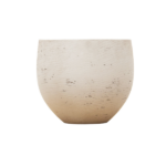 Beige textured ceramic bowl with a rounded bottom and flat rim, speckled surface on a white background