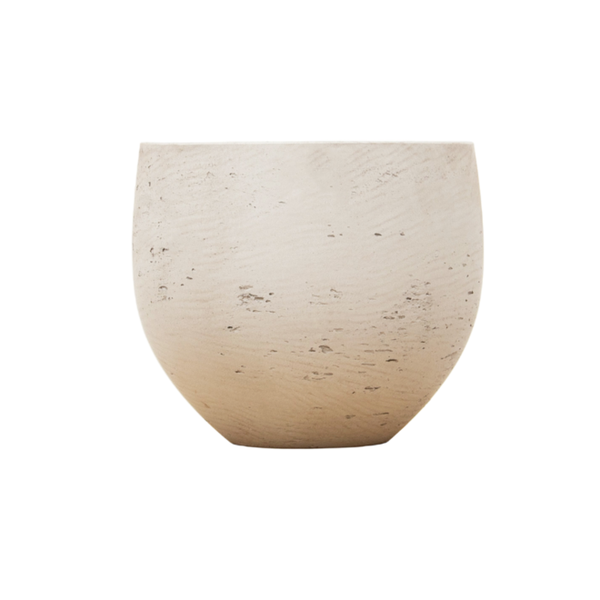 Beige textured ceramic bowl with a rounded bottom and flat rim, speckled surface on a white background