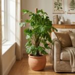 Tall potted houseplant (monstera) in a terracotta pot beside a beige sofa in a bright living room.