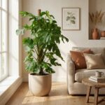 Large potted leafy plant beside a beige sofa in a sunlit living room, with a wooden coffee table and framed botanical art on the wall.