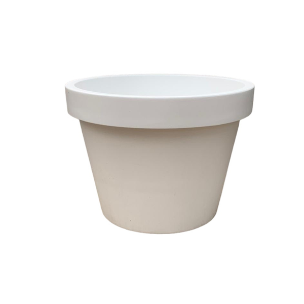 White ceramic planter with a wide, flat rim and tapered sides; empty pot ready for plants.