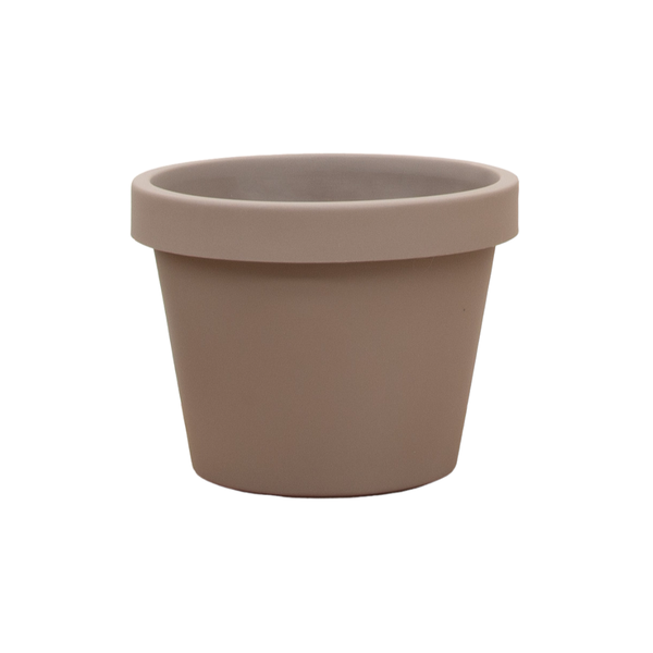 Terracotta plant pot with a wide lip on a white background.
