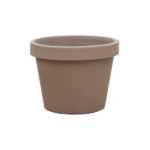 Beige terracotta plant pot on a white background with a wide rim on top, empty inside.