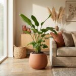 Large leafy houseplant in a round terracotta pot sits on a tiled floor beside a beige sofa in a sunlit living room.