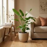 Large leafy houseplant in a beige pot sits on a light wood floor beside a beige sofa in a sunlit living room.