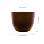 Brown ceramic planter with its dimensions: opening 55 cm, diameter 65 cm, height 43 cm.