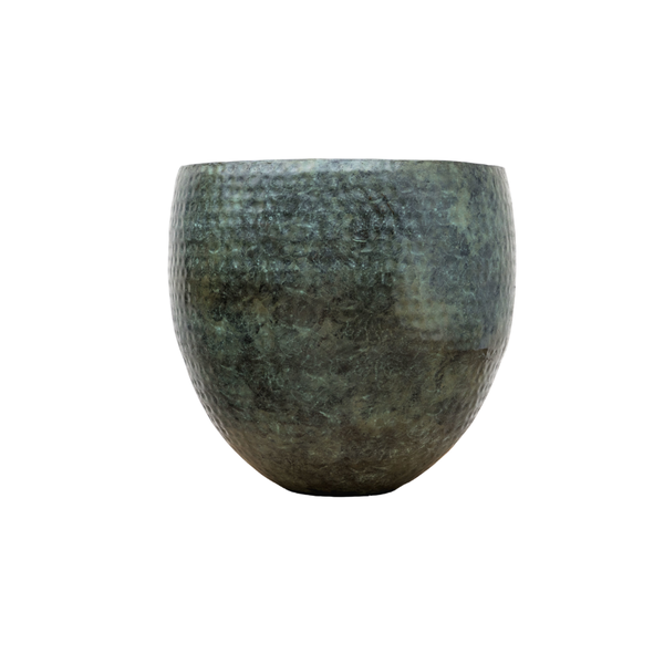 Dark, textured ceramic cup or small bowl with a green glaze on white background