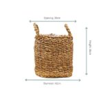 Woven straw storage basket with two handles; opening 39 cm, height 36 cm, and diameter 42 cm.