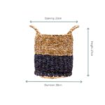 Two-tone woven storage basket with natural upper half and navy lower half; opening 23 cm, diameter 30 cm, height 27 cm.