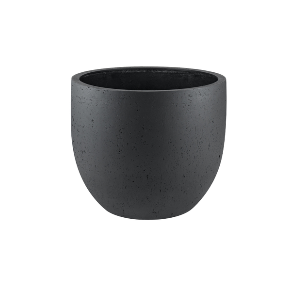 Dark gray, textured concrete planter pot, empty and ready for use.