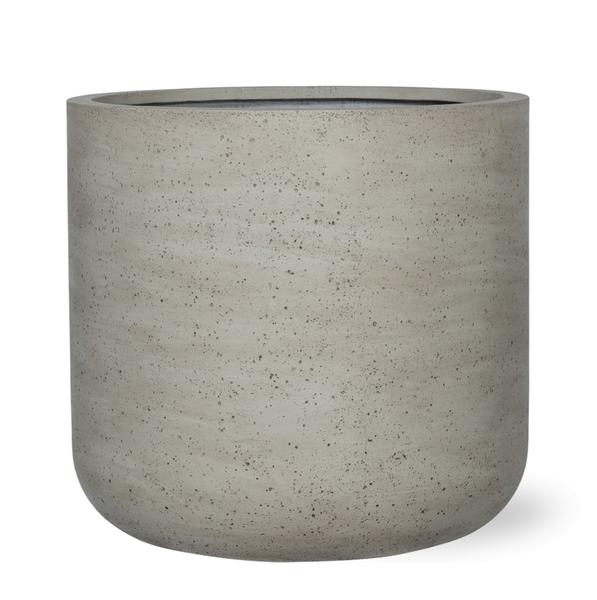 Concrete planter pot with a rounded base and speckled grey surface, empty and ready for planting.