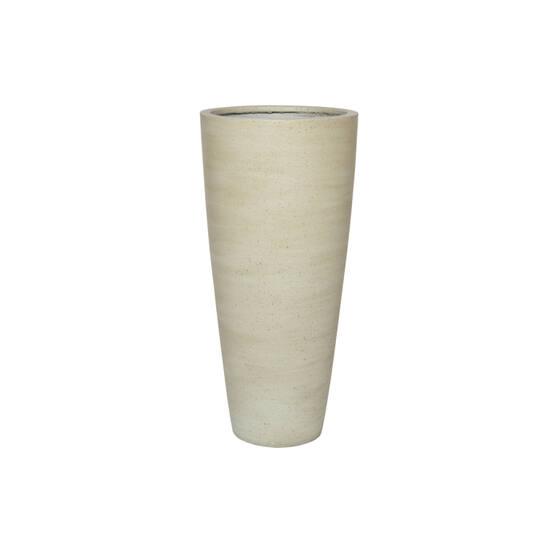 Tall beige ceramic vase with a tapered cylindrical shape on a white background