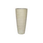 Tall beige ceramic vase with a tapered, cylindrical shape and subtle speckled texture.
