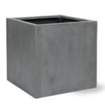 Square concrete-style planter pot, dark gray and empty, with an open top suitable for outdoor plants.