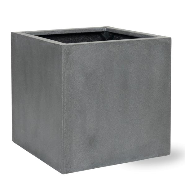 Square concrete-style planter pot, dark gray and empty, with an open top suitable for outdoor plants.