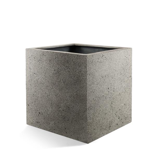 Square concrete planter with an open top, shown empty against a white background