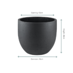 Dark gray planter with a wide circular opening; dimensions shown: opening 43 cm, diameter 45 cm, height 38 cm.