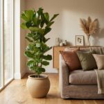 Tall fiddle-leaf fig in a round terracotta pot beside a beige sofa with colorful cushions in a sunlit living room.