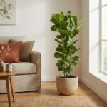 Fiddle-leaf fig in a beige pot beside a cream sofa with rust-orange and brown cushions, near a sunlit window in a cozy living room.
