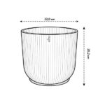 Line drawing of a ribbed planter pot with a wide opening, 22 cm in diameter and 20.2 cm tall