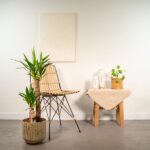 Corner of a bright minimalist room with a woven chair, potted plant, and a small table covered by a beige cloth with vases.