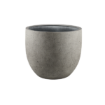 Gray speckled concrete planter with a rounded, pot-like shape and a dark interior rim.