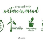 Banner with 'created with nature in mind' and four eco icons: 100% recycled & recyclable, wind-energy powered, long-lasting quality, and made in Holland; elho.com.