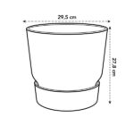 Illustration of a tall plant pot with a separate saucer, showing a top opening diameter of 29.5 cm and overall height of 27.8 cm.