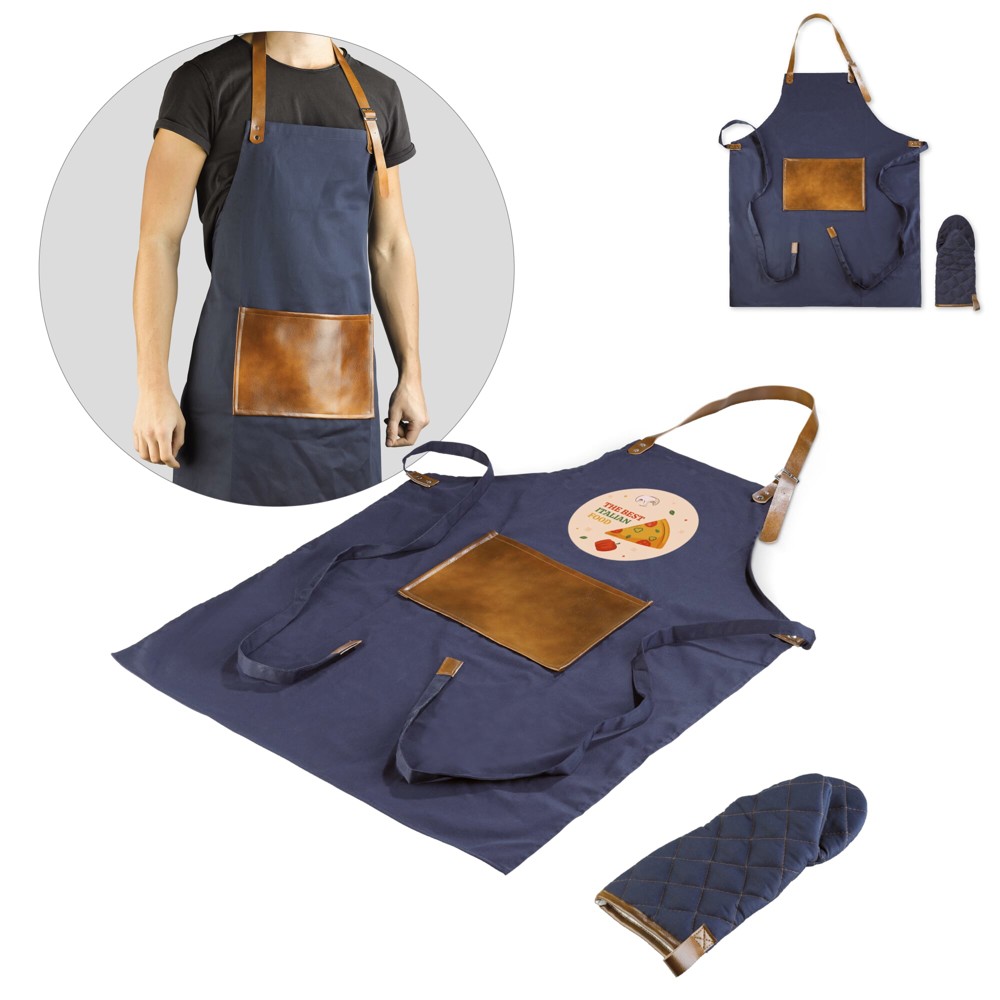 BBQ Schürze Set bedrucken Robust PU-Leder-Tasche Blau