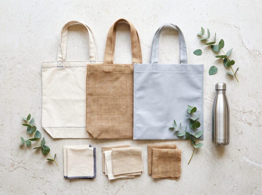Baumwoll-, Jute- und Non-Woven-Tasche nebeneinander mit Stoffmustern und Edelstahlflasche