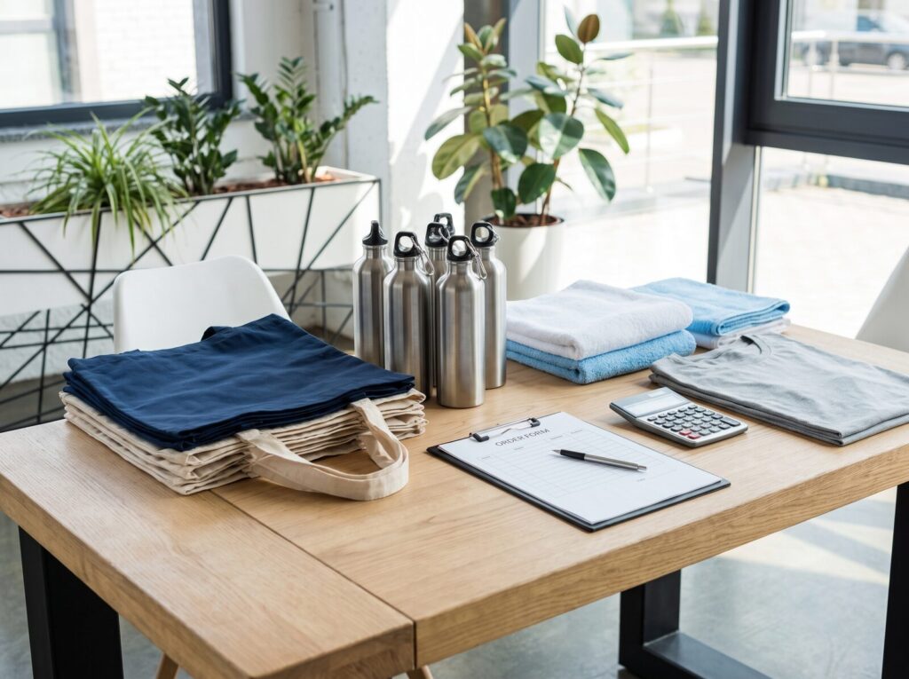 Bedrukte tassen, drinkflessen, handdoeken en T-shirts met rekenmachine en bestelformulier
