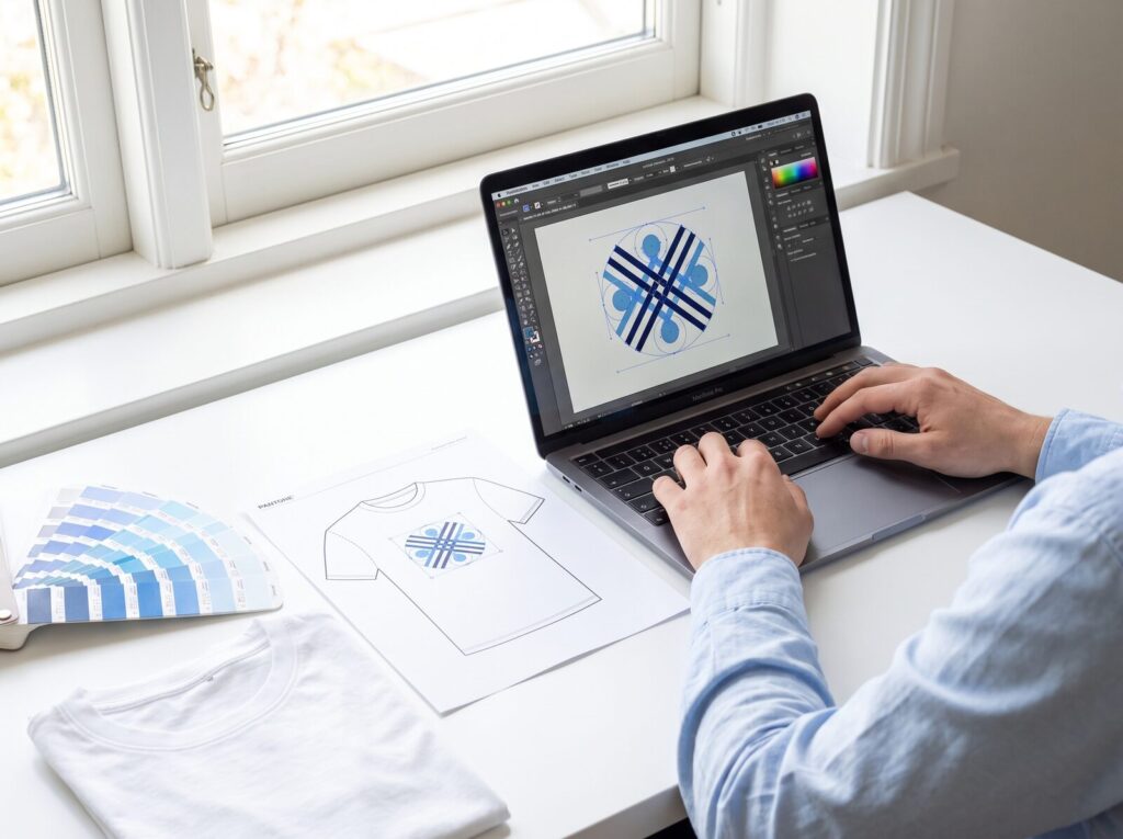 Grafiker bearbeitet ein Vektorlogo am Laptop neben Druckmuster und Farbfächer
