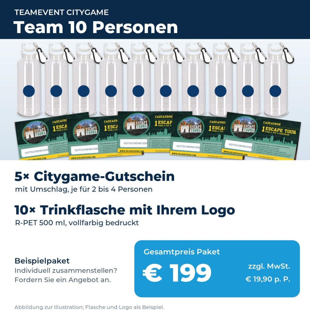 Teamevent für 10 Personen: 5 Citygame-Gutscheine und 10 Trinkflaschen mit Logo, 199 Euro zzgl. MwSt.