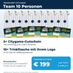 Teamevent für 10 Personen: 5 Citygame-Gutscheine und 10 Trinkflaschen mit Logo, 199 Euro zzgl. MwSt.