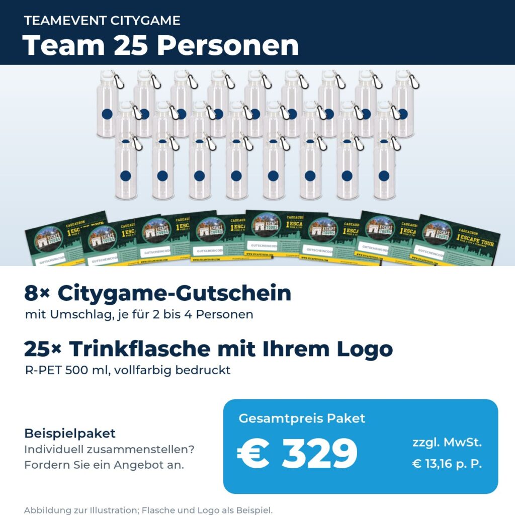 Teamevent für 25 Personen: 8 Citygame-Gutscheine und 25 Trinkflaschen mit Logo, 329 Euro zzgl. MwSt.