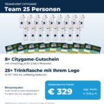 Teamevent für 25 Personen: 8 Citygame-Gutscheine und 25 Trinkflaschen mit Logo, 329 Euro zzgl. MwSt.
