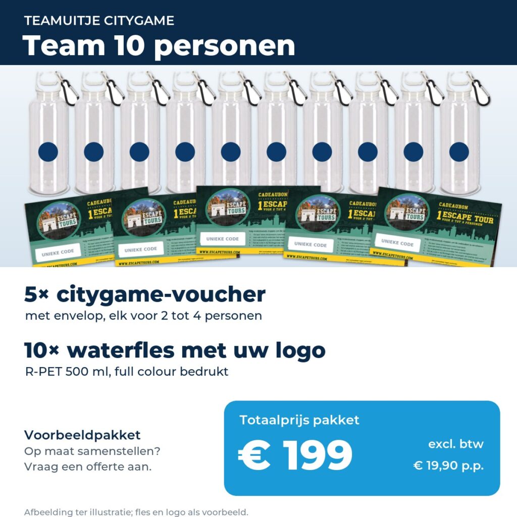 Teamuitje voor 10 personen: 5 citygame-vouchers en 10 waterflessen met logo, 199 euro excl. btw