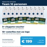Teamuitje voor 10 personen: 5 citygame-vouchers en 10 waterflessen met logo, 199 euro excl. btw